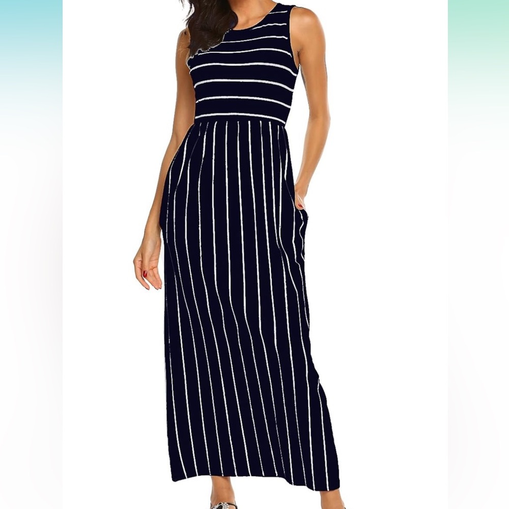 Hount  Summer Sleeveless Striped Maxi Dress with Pockets